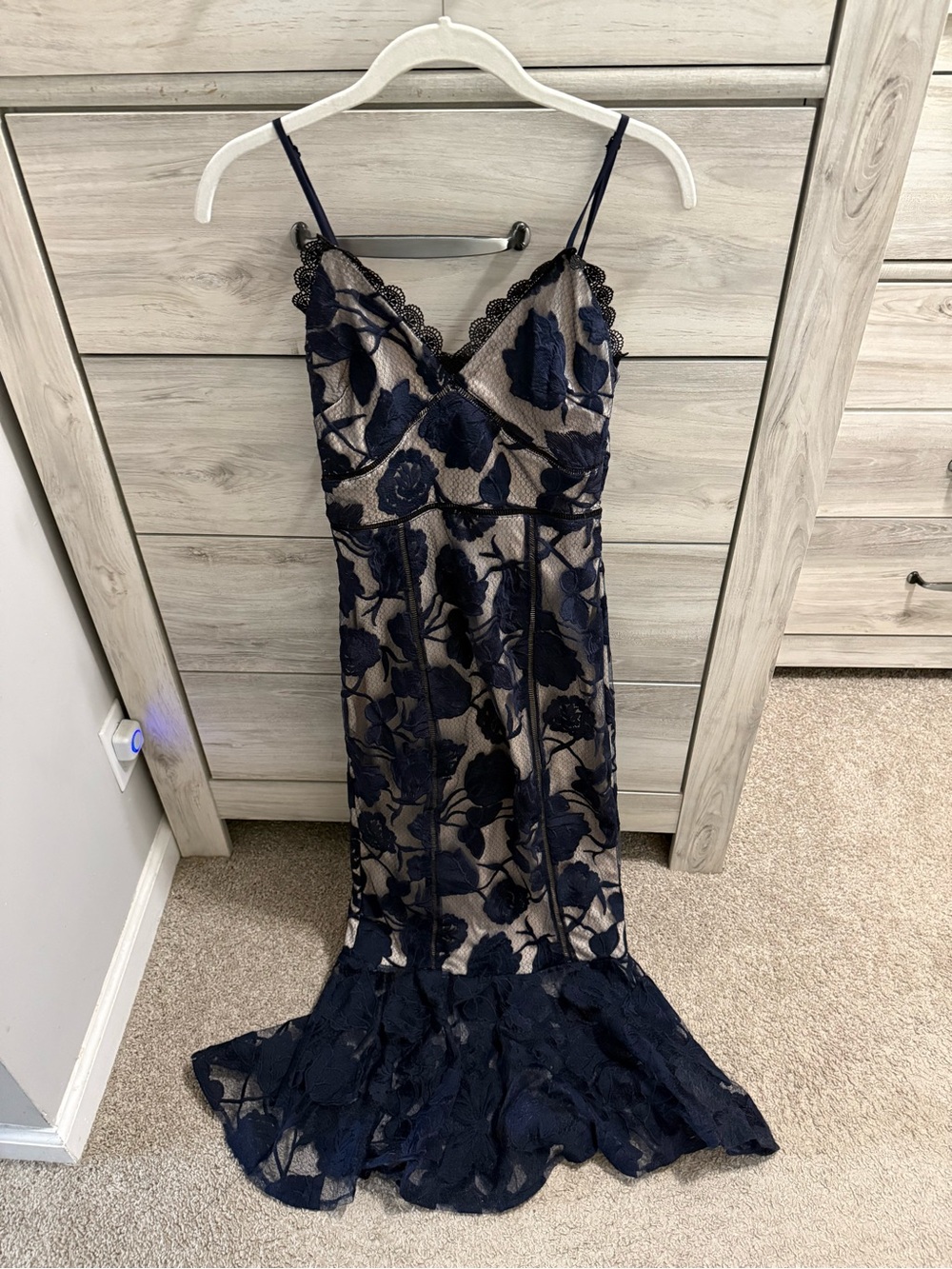 Lulu's Navy Lace-Overlay Midi Dress with Neutral Slip